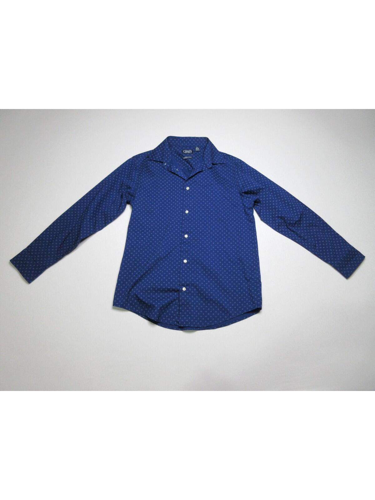 Chaps Boys Polka Dot Stretch Button-Up Shirt Long Sleeve Collared Sz L 14-16 Blu